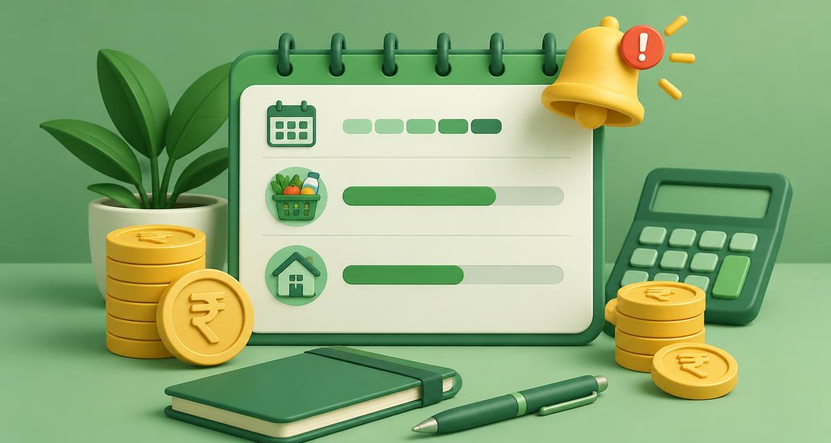 A budget planner with category progress bars and an alert bell