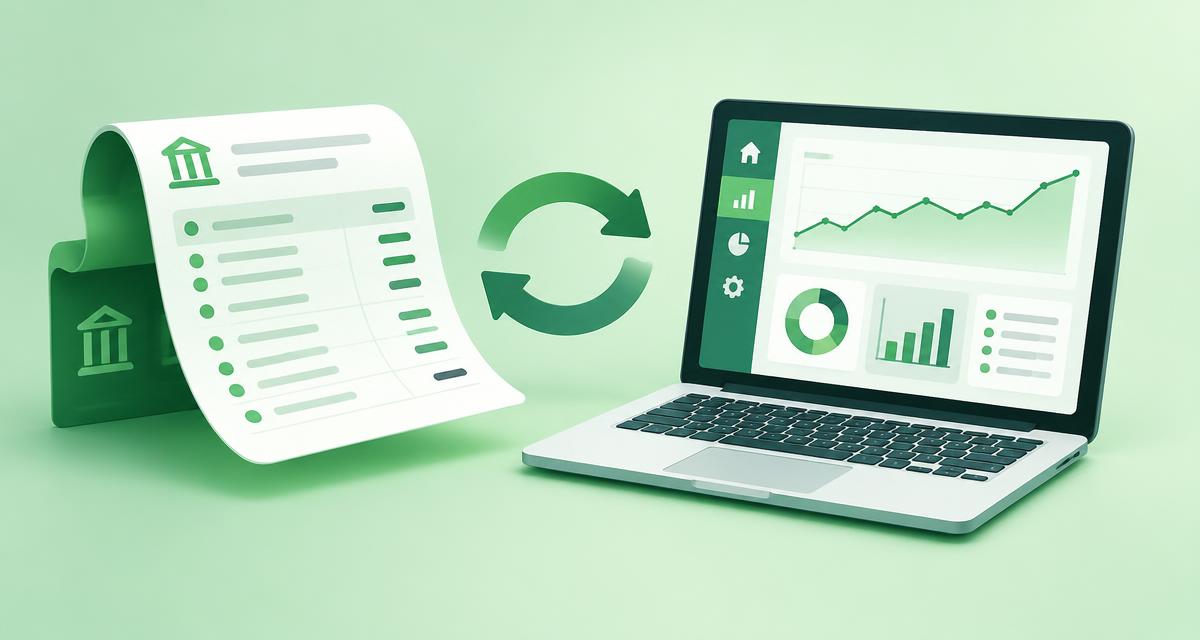 A bank statement flowing into a laptop dashboard with charts