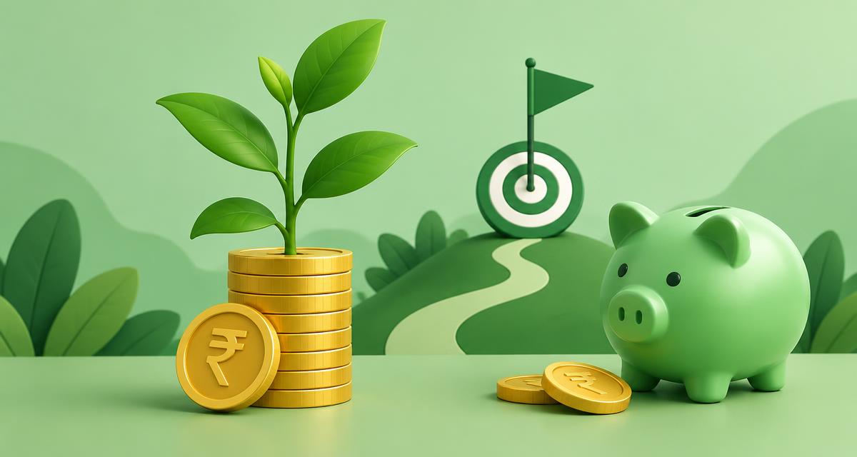 A plant growing from rupee coins beside a goal flag and piggy bank